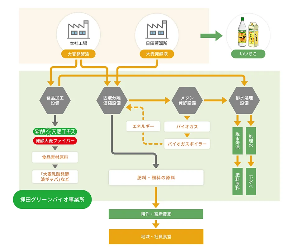 拝田グリーンバイオ事業所での大麦発酵液加工工程