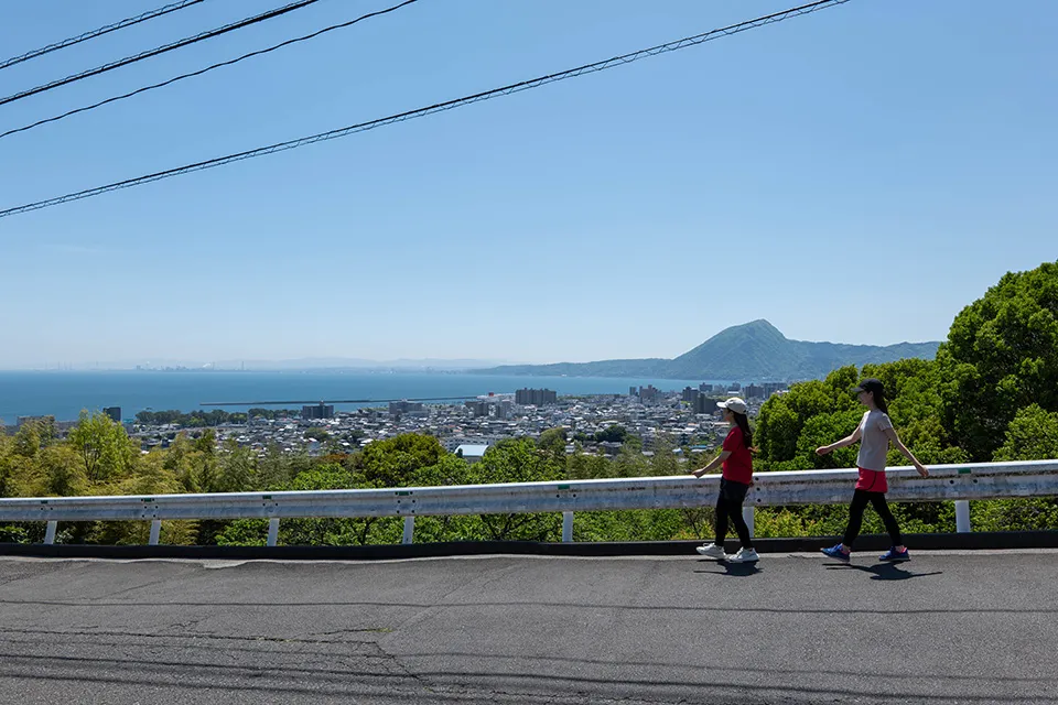 手前に別府市街、その向こうに別府湾と高崎山を望む