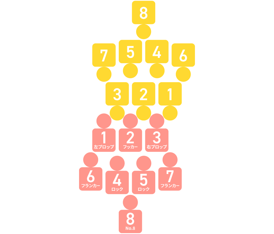 スクラム時のFW（フォワード）ポジション名と背番号。ラグビーは背番号でポジションが決まっている。具選手は3番右プロップ
